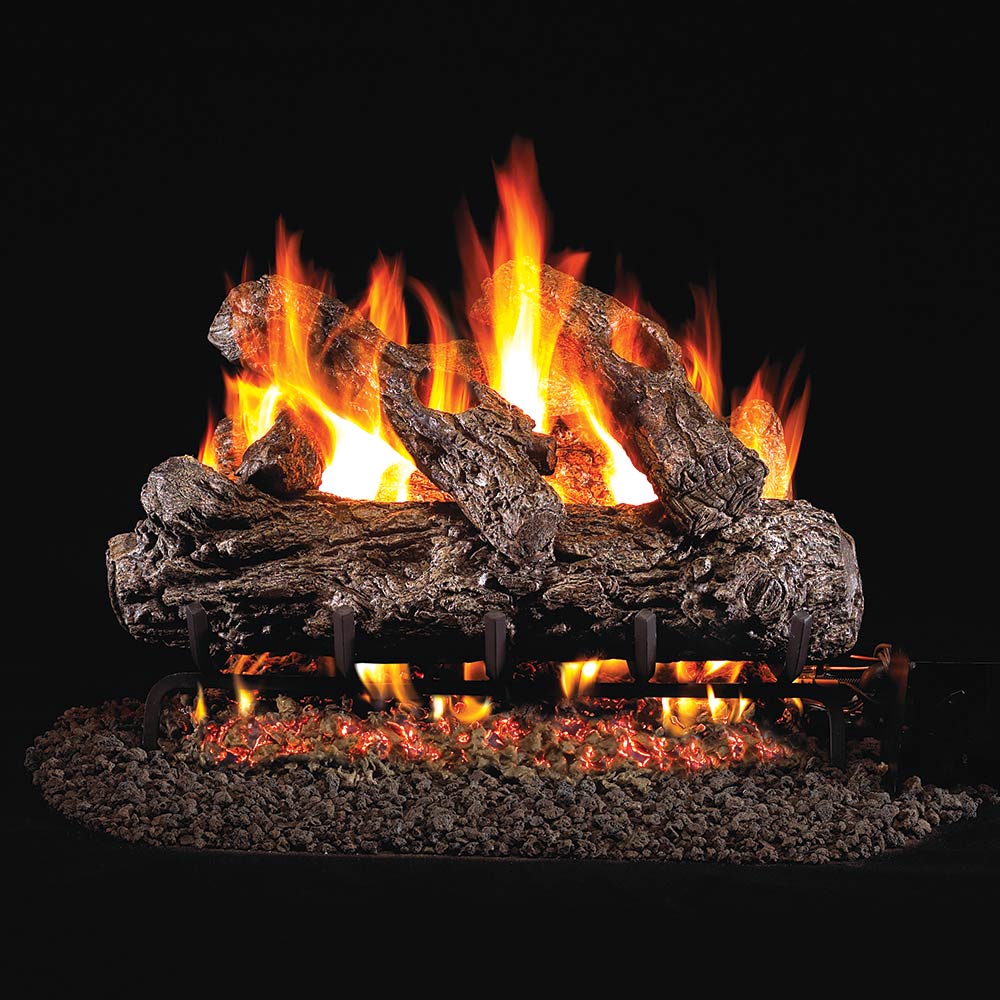 Vented gas logs with glowing embers and open flames, arranged on a base grate.
