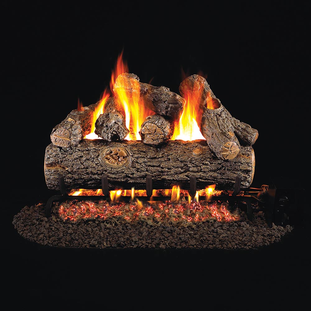 Vented gas log set with burning oak logs and realistic flame tips