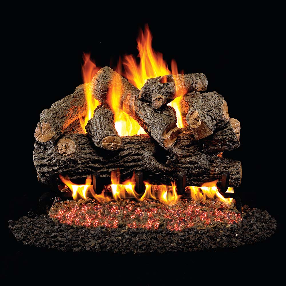 Vented gas log set with burning flames and split oak logs over ember bed