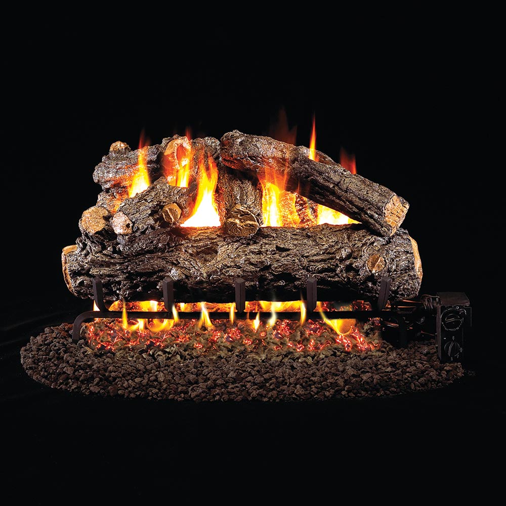 Rustic oak vented gas logs with glowing embers and visible flames