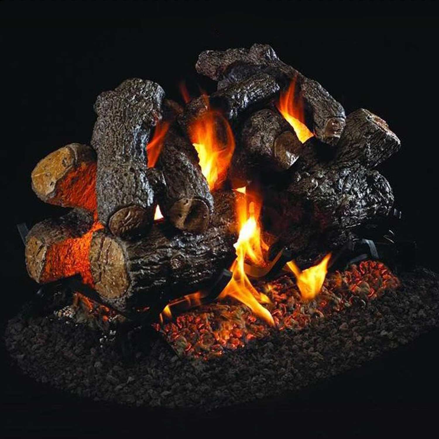Charred firewood-style vented gas logs with visible burning flames