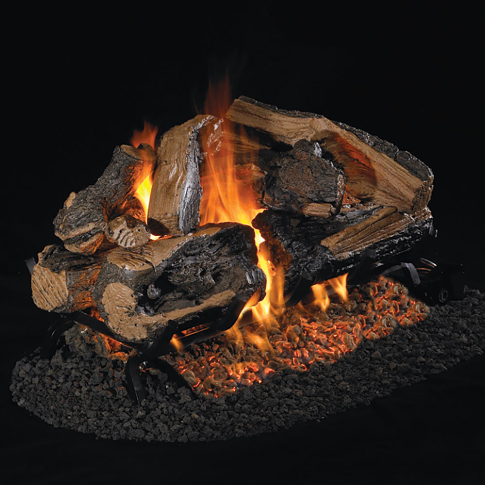 Charred split oak vented gas logs with open flames and glowing embers