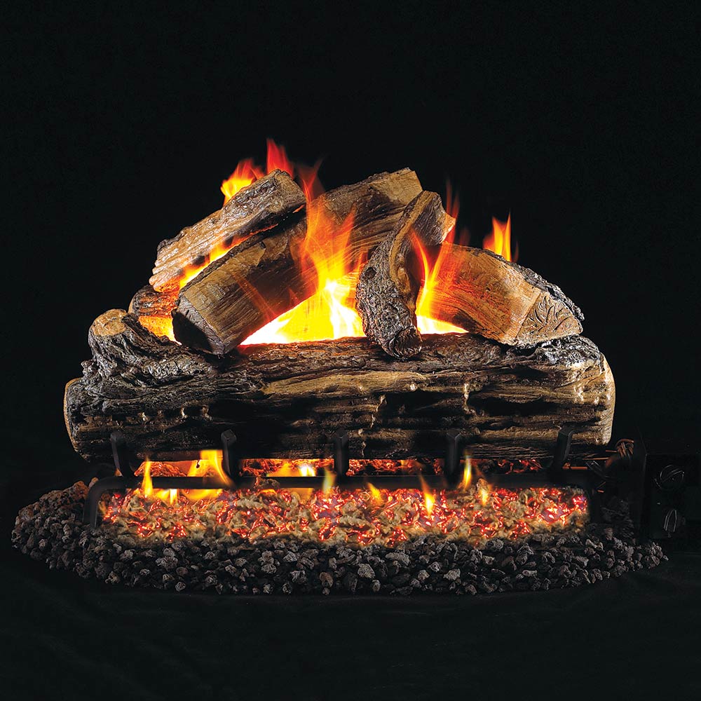 Split oak vented gas logs set with burning flames and glowing embers