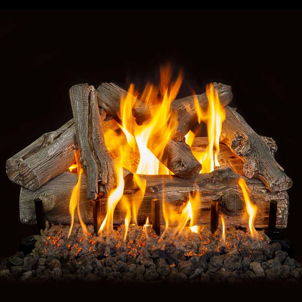 Dark gray driftwood-style gas logs with open flames and glowing embers