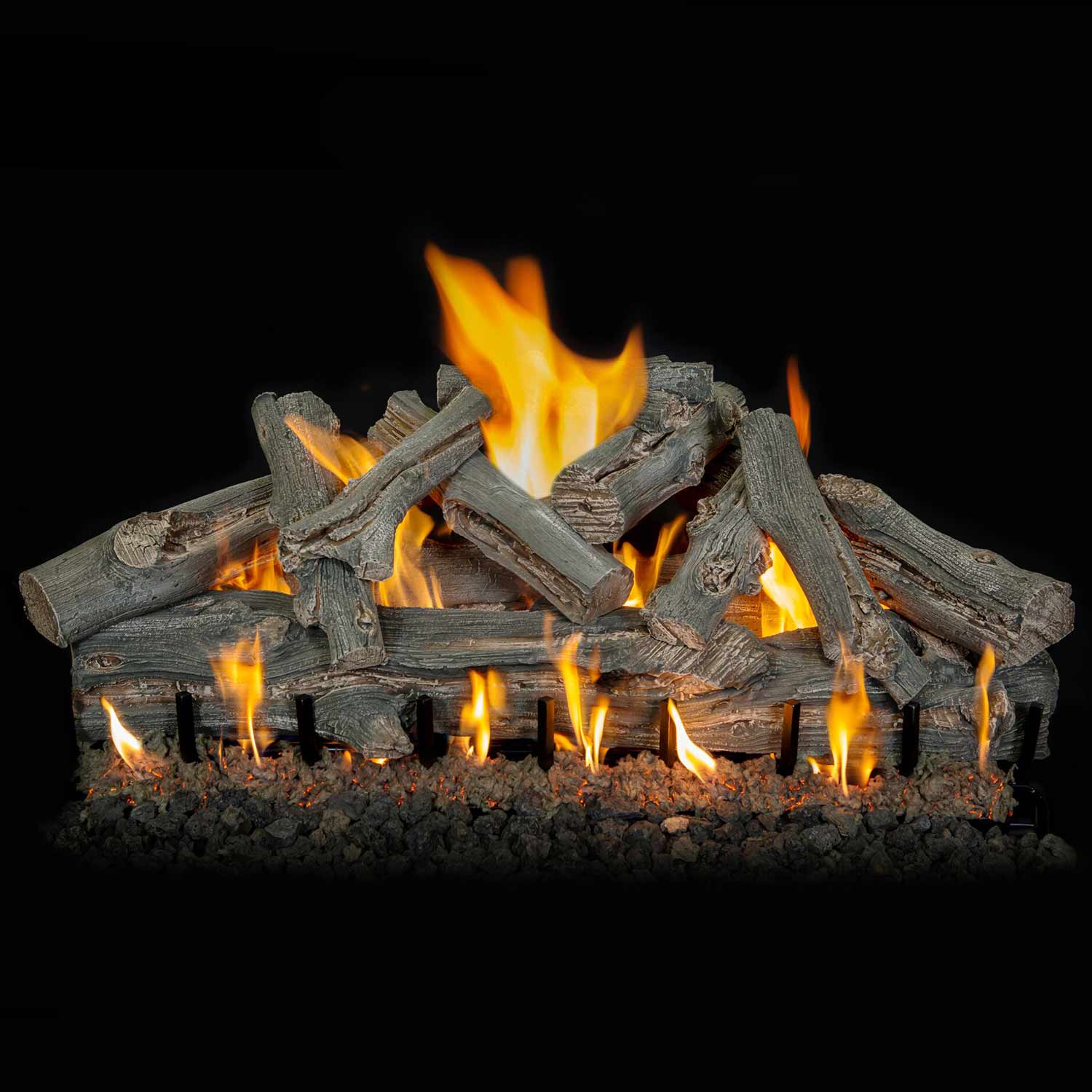 Dark gray driftwood-style gas logs with central flame and glowing embers