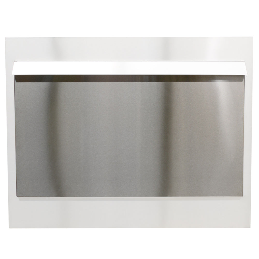 Stainless steel outdoor weather door with rectangular frame, gray metal panel