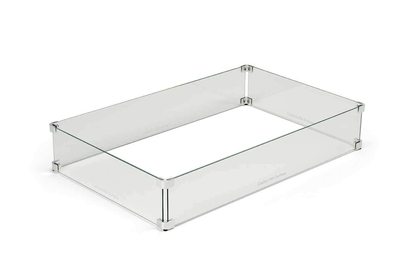 Rectangular clear glass fire pit wind guard with metal corner brackets and posts