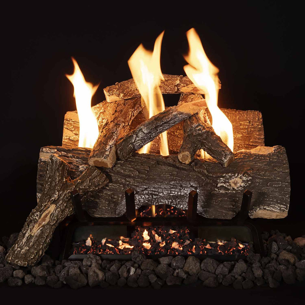 Vent free gas logs with arched log pieces, glowing embers and visible flames