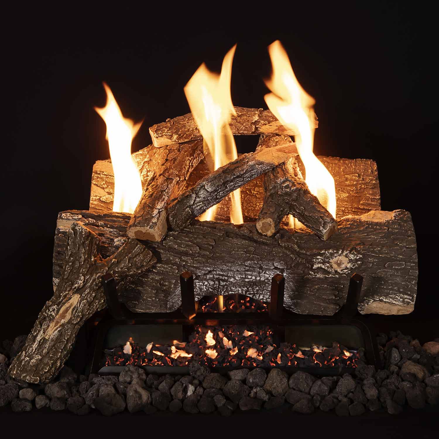 Vent free gas logs with arched log pieces, glowing embers and visible flames