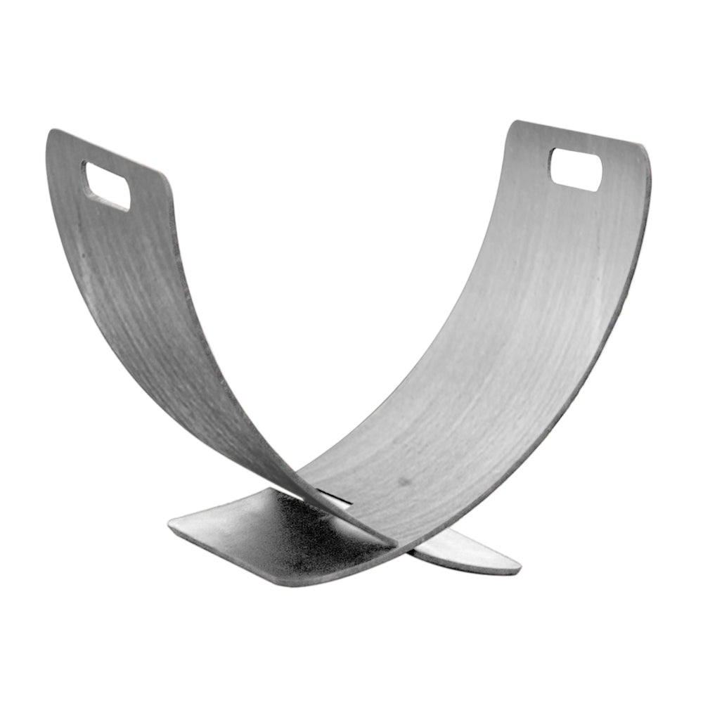 Stainless steel log rack with curved wing design and U-shaped cradle