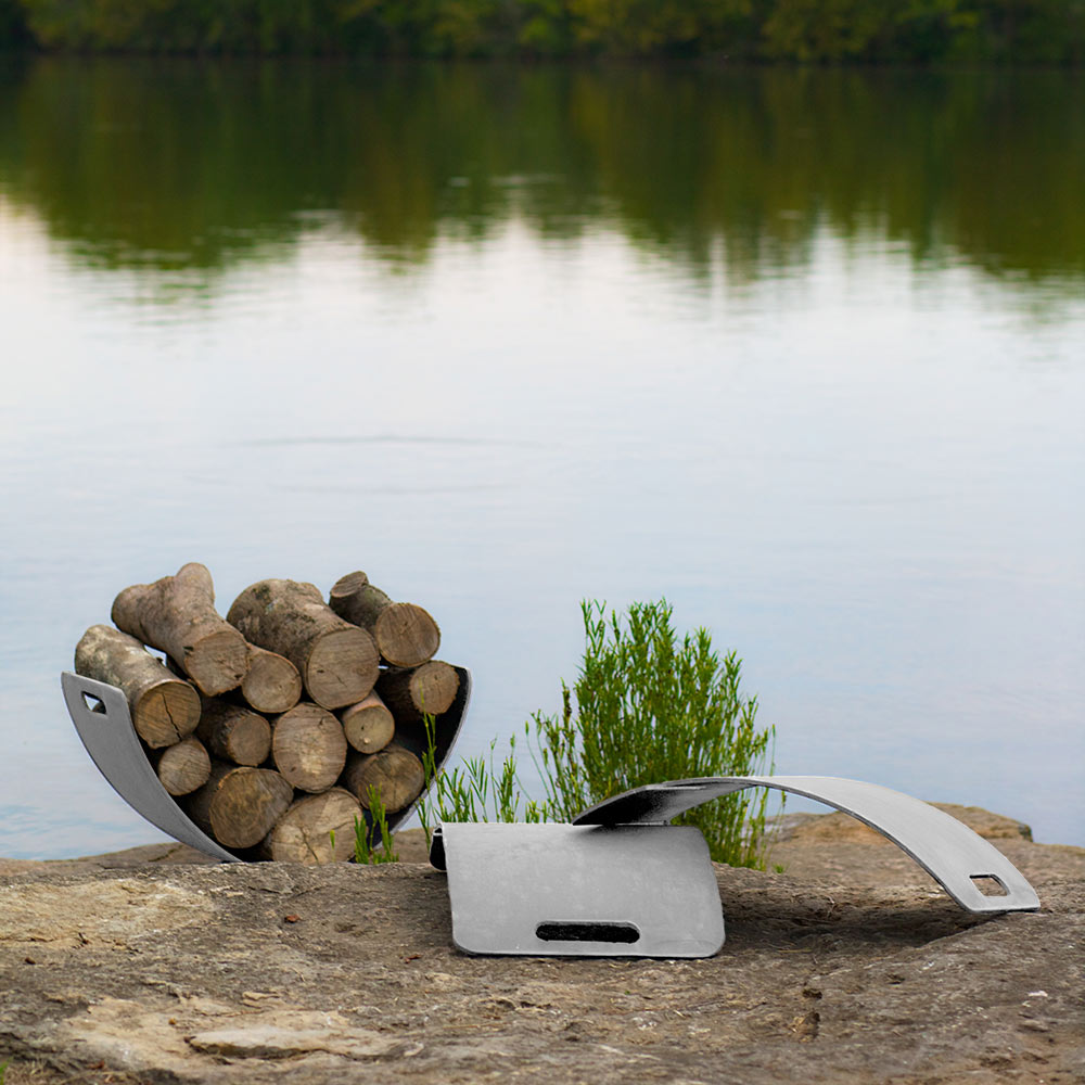 Stainless steel log rack with rectangular base and wing-shaped sides