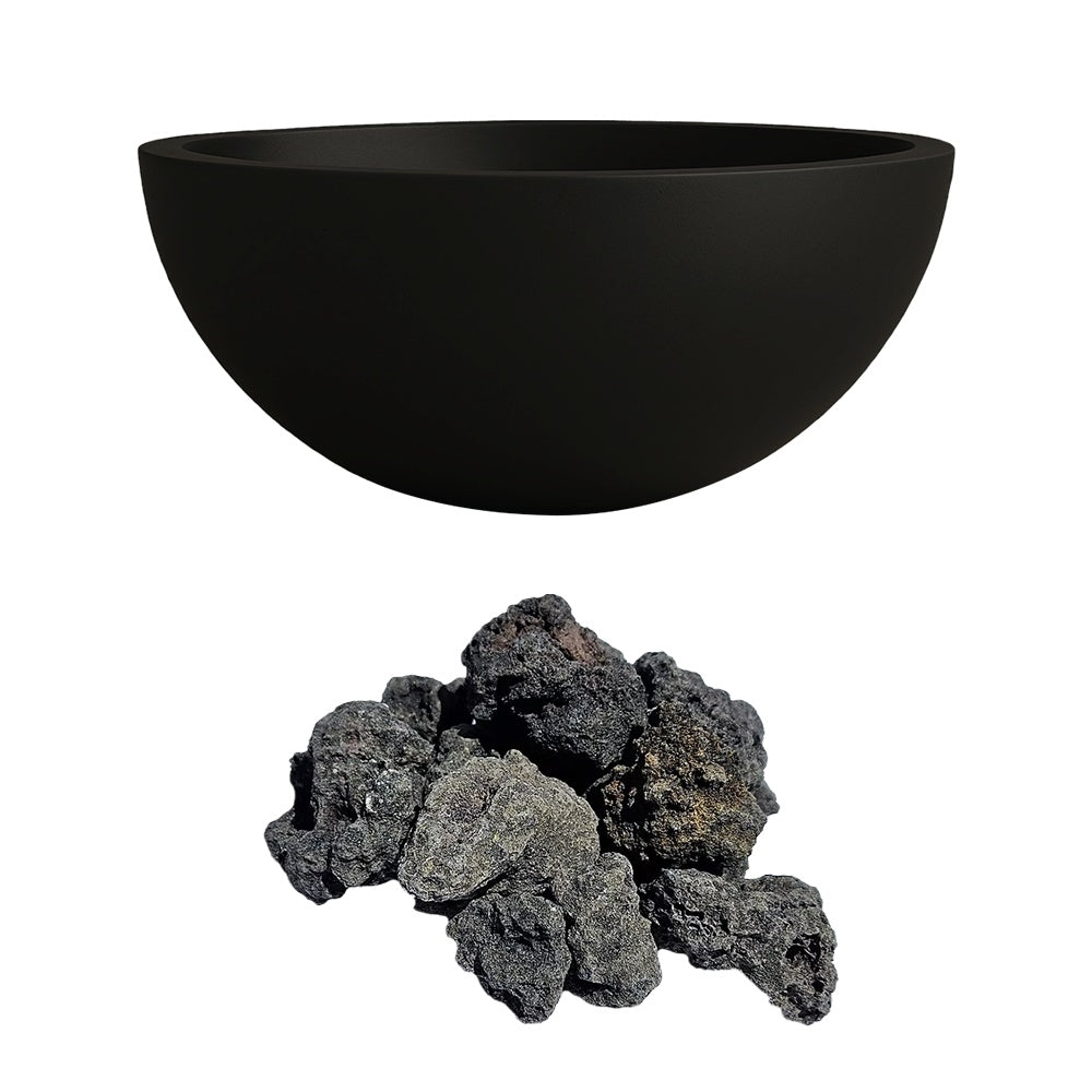 Architectural concrete gas fire bowl with black lava rock pile
