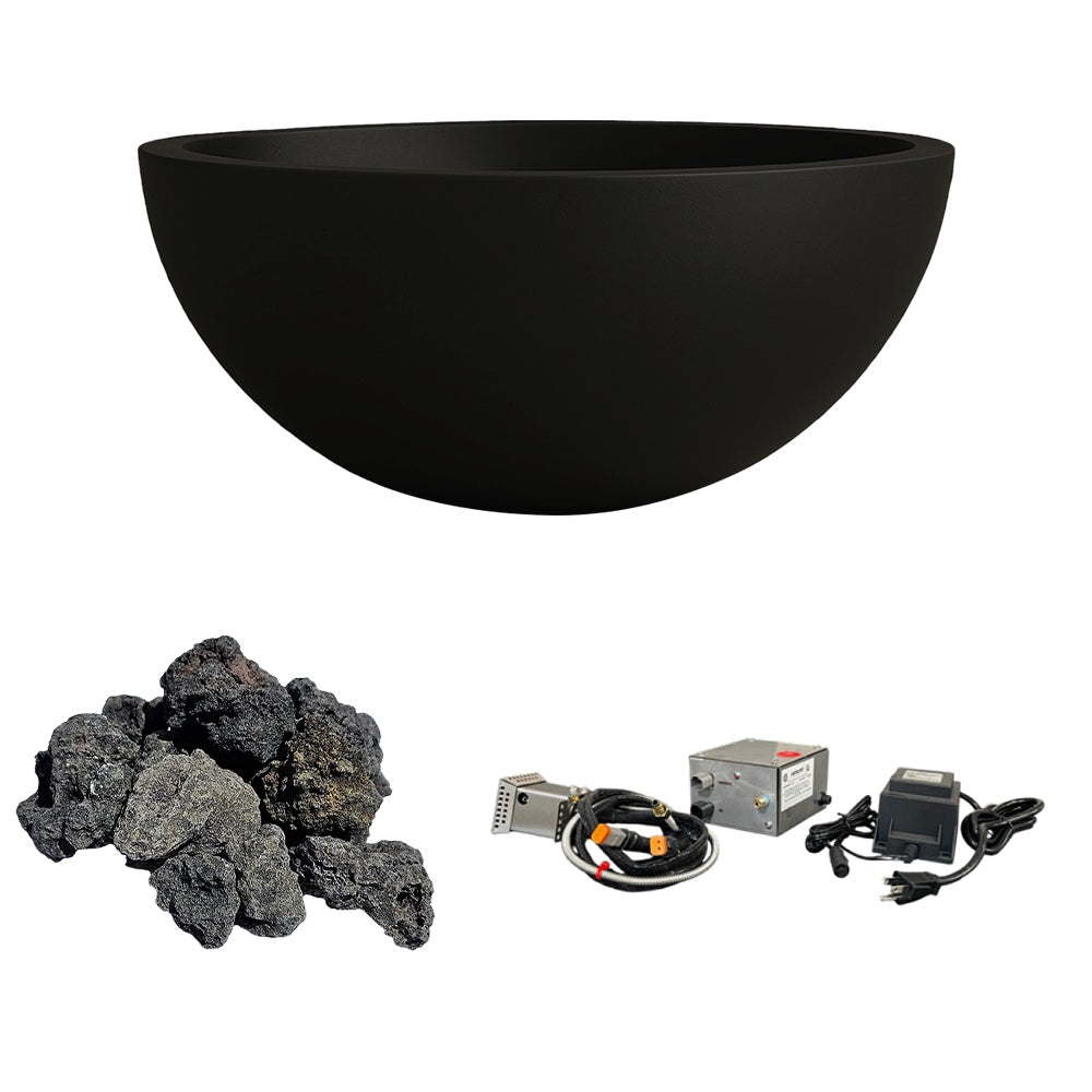Architectural concrete gas fire bowl with lava rock and ignition components
