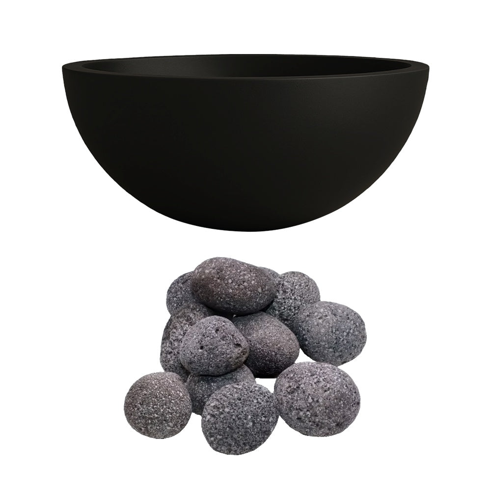 Black concrete gas fire bowl with gray lava rocks for fire media