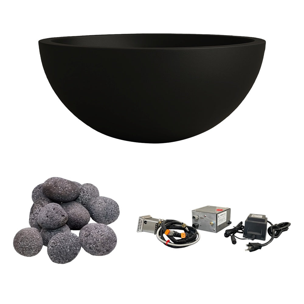 Black concrete gas fire bowl with gray lava rocks and ignition kit components