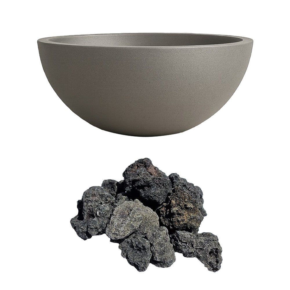 Gray concrete gas fire bowl with dark charcoal lava rocks