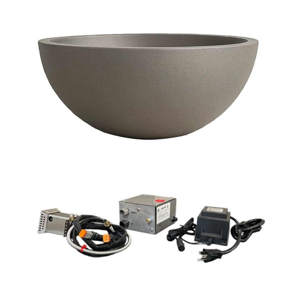 Concrete fire bowl with burner components and wires, dark gray finish