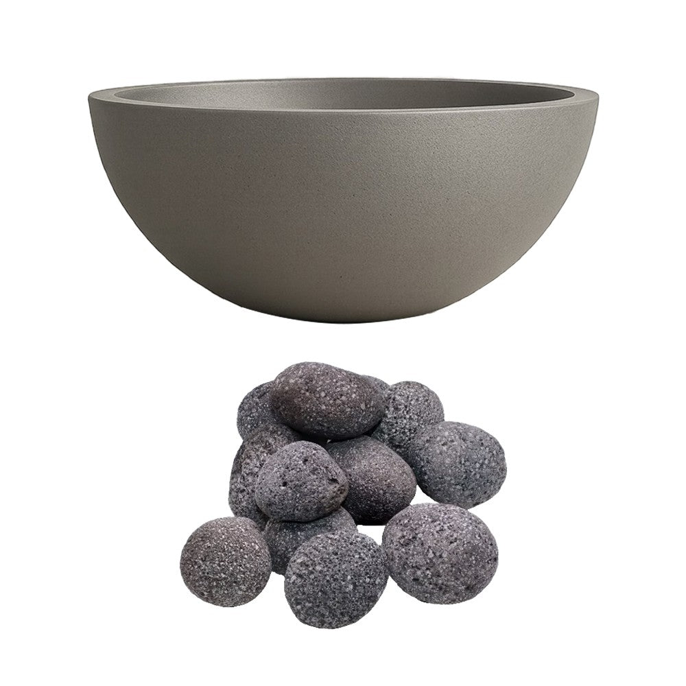 Concrete fire bowl with black lava rocks, dark gray finish