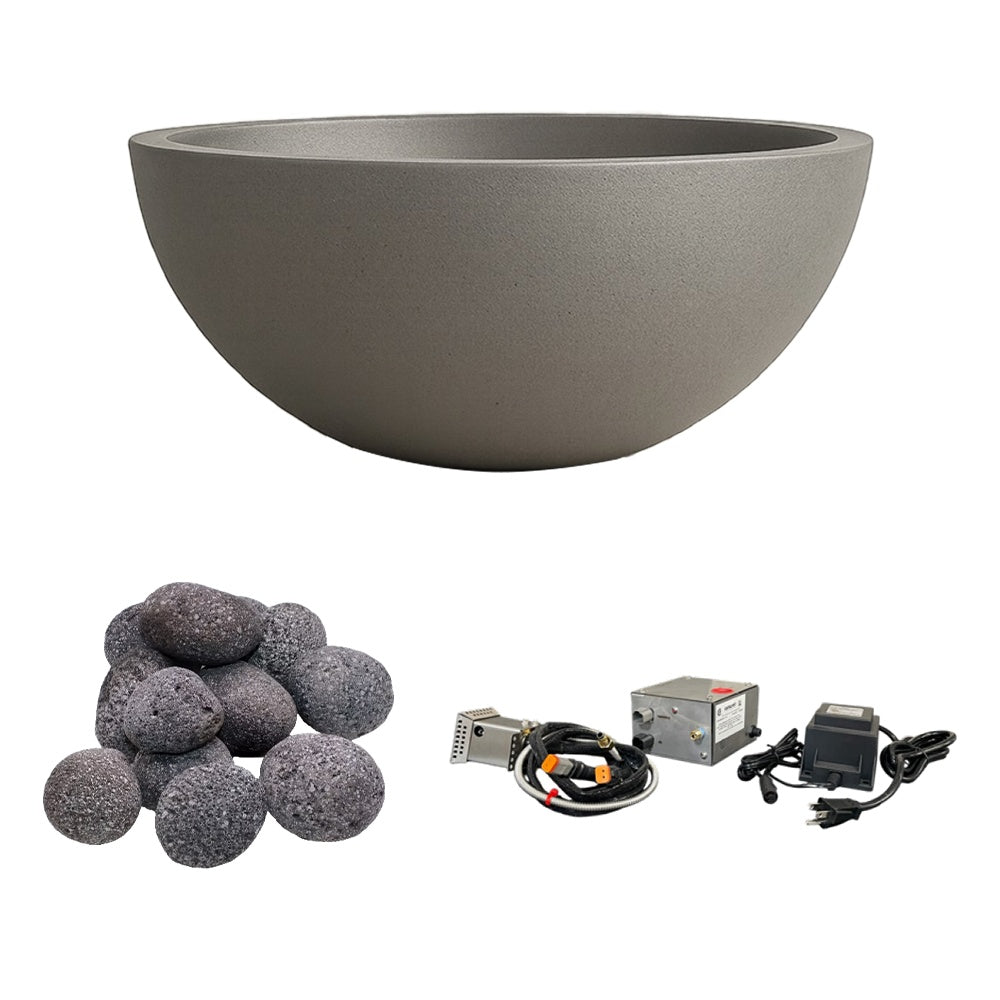Concrete fire bowl with gray-black lava rocks and ignition kit, dark gray finish