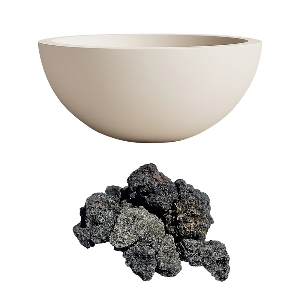 Concrete fire bowl with gray-black lava rocks, light beige finish