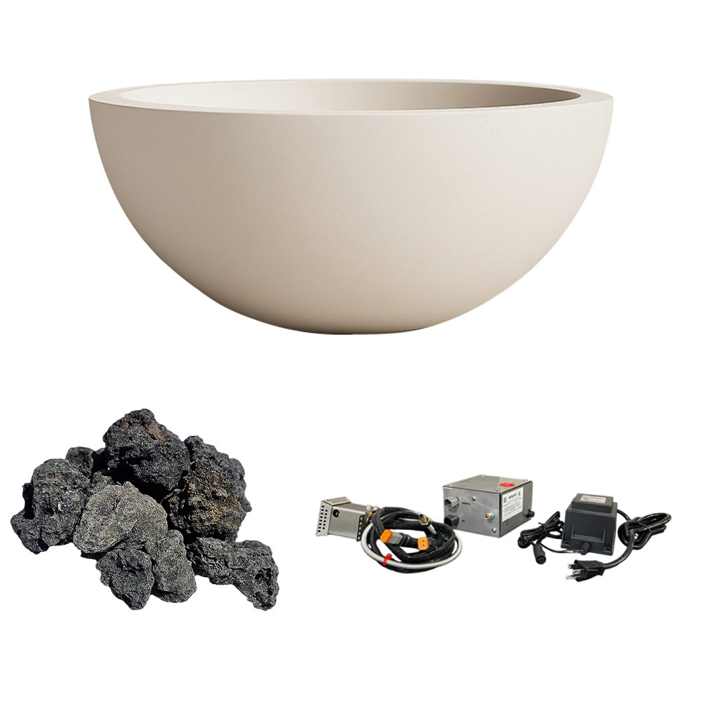 Concrete fire bowl with lava rocks and ignition control set, light beige finish