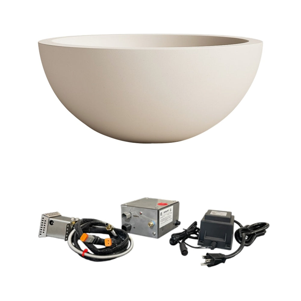 Concrete fire bowl with burner components and ignition control, light beige finish