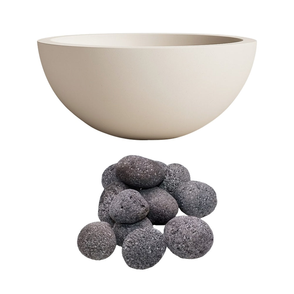 Gas fire bowl with gray lava rocks, cream concrete finish