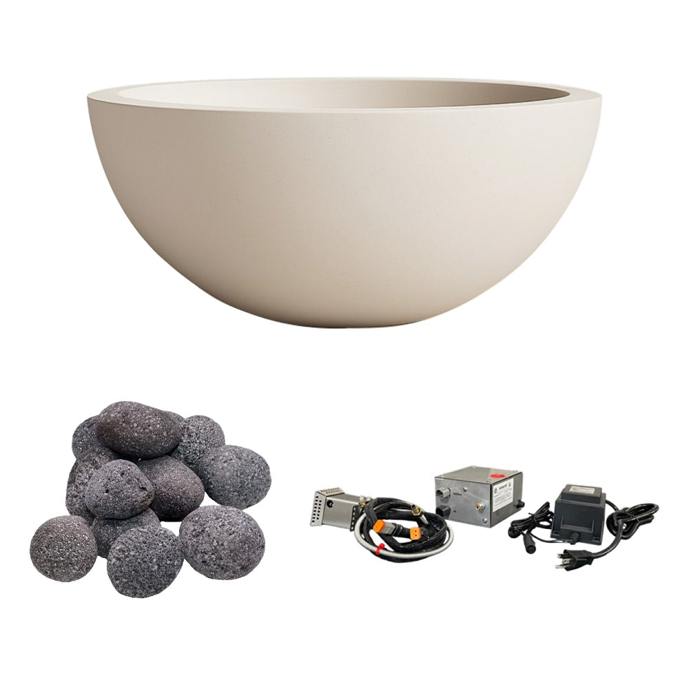 Gas fire bowl with gray lava rocks and ignition kit components, cream concrete finish