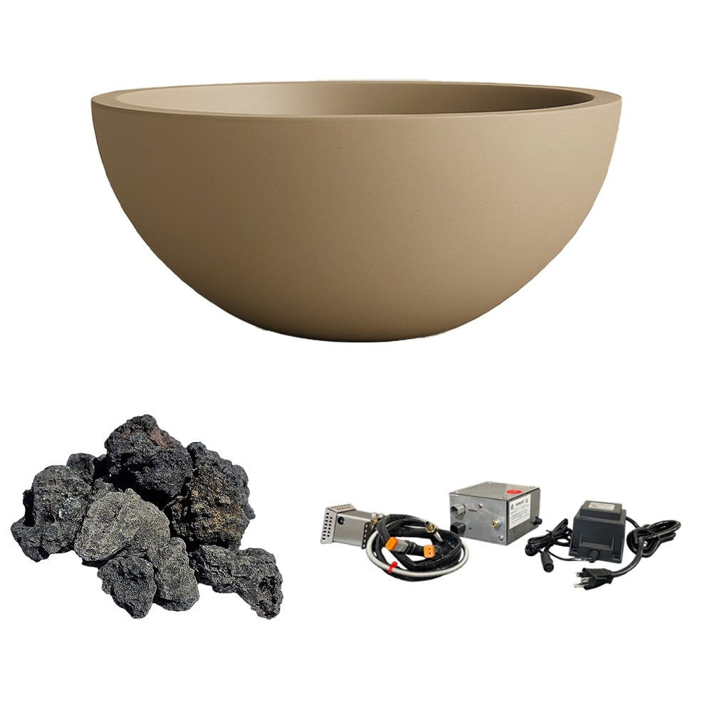 Gas fire bowl with black lava rocks and ignition components, tan concrete finish