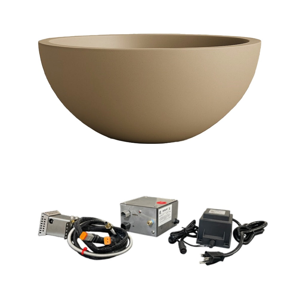 Gas fire bowl with tan concrete finish and electronic ignition kit components