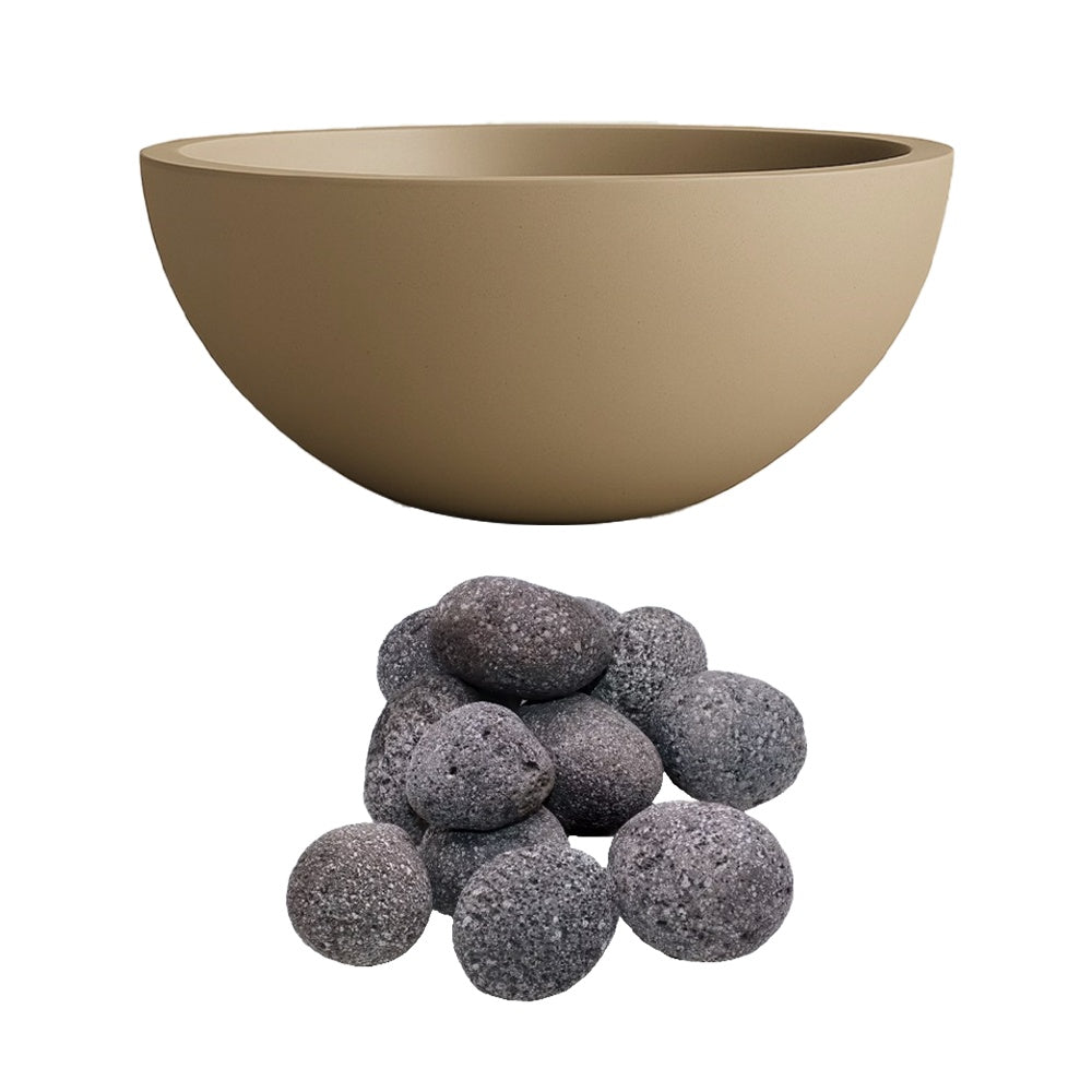 Gas fire bowl with gray lava rocks, cream concrete finish