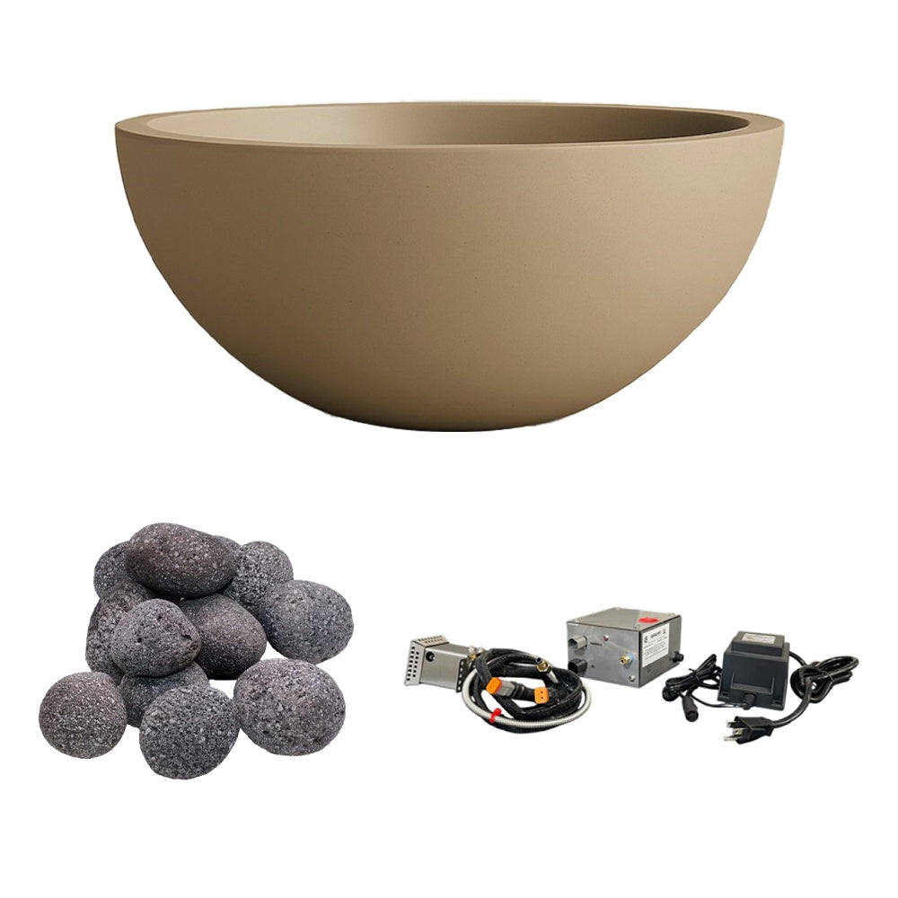 Tan concrete gas fire bowl with gray lava stones, control box, and wiring set