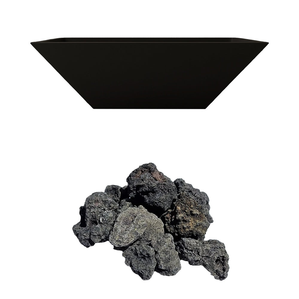 Black concrete gas fire bowl with black and gray lava rock media