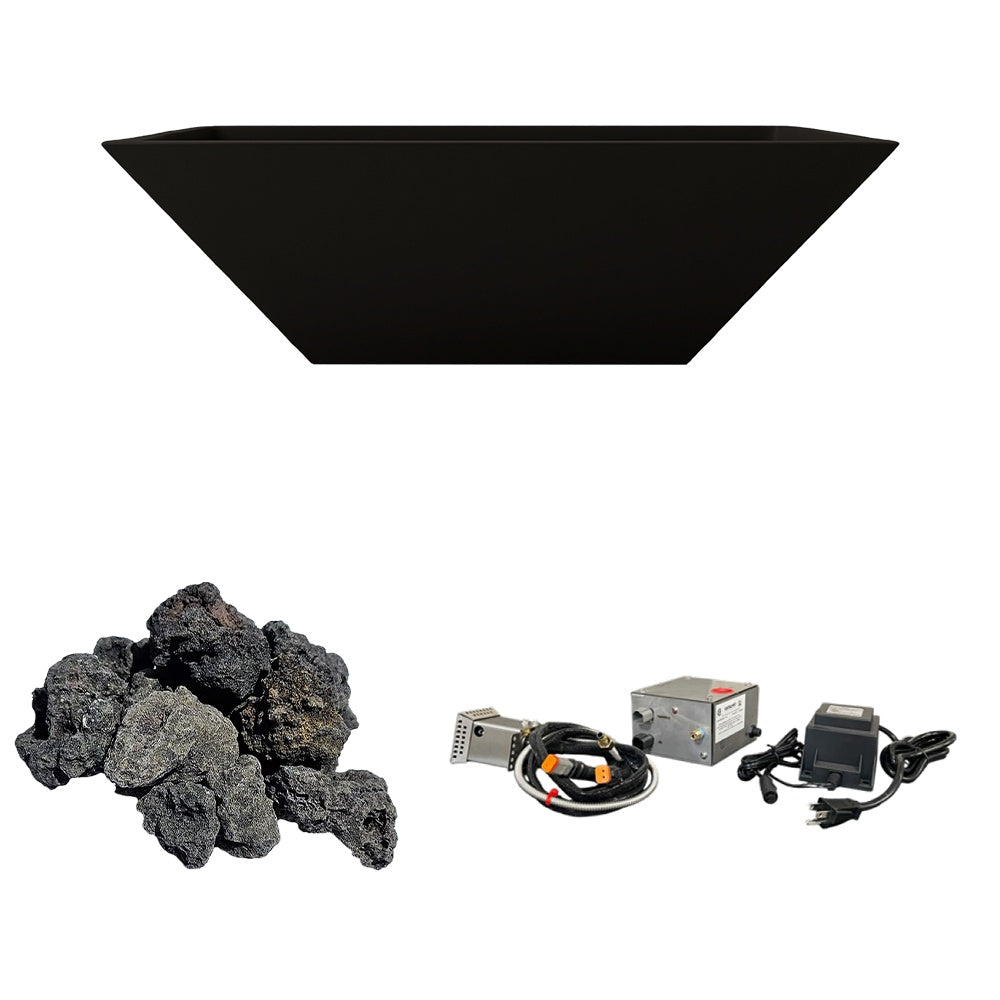 Black concrete gas fire bowl with lava rocks and electronic ignition set