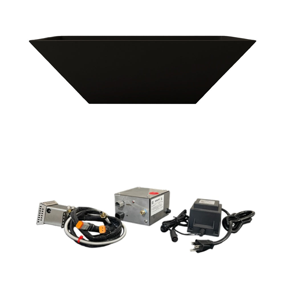 Black concrete gas fire bowl with burner, wiring, and ignition control components