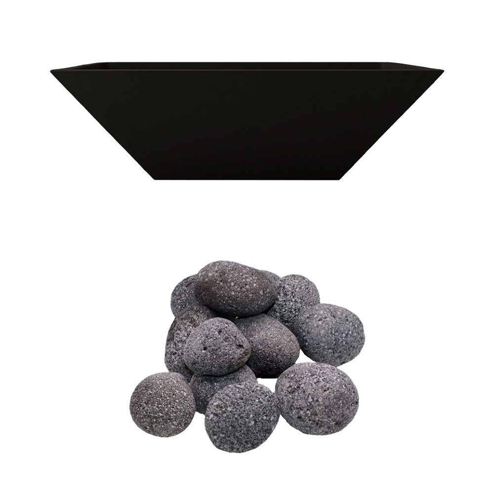 Black concrete gas fire bowl with gray lava rocks