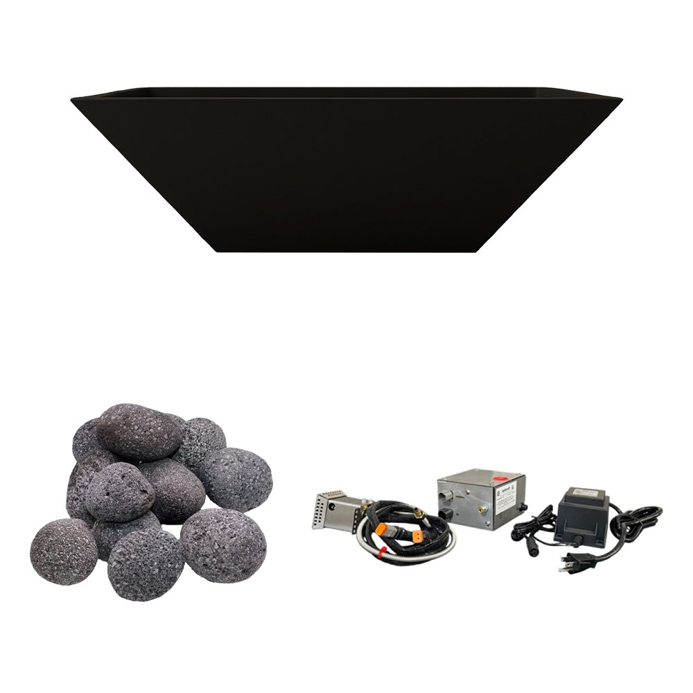 Black concrete gas fire bowl with gray lava rocks and burner control components