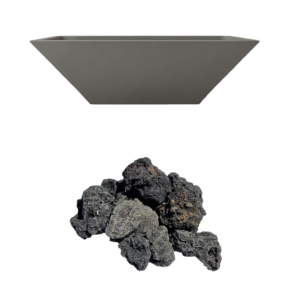 Gray concrete gas fire bowl with dark lava rocks