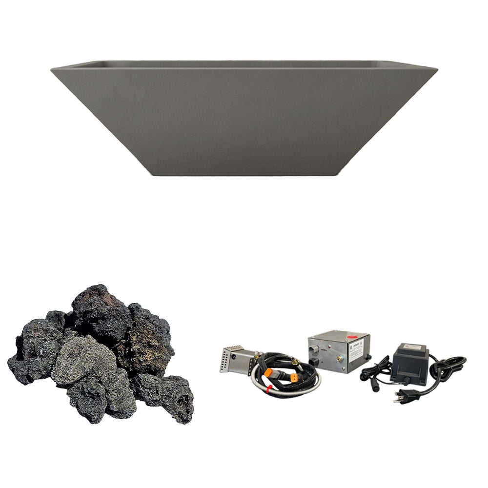 Gray concrete gas fire bowl with dark lava rocks and burner control components