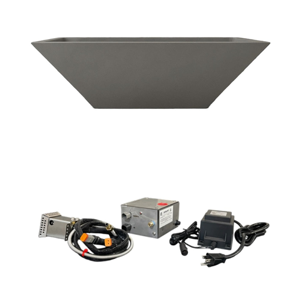 Gray concrete gas fire bowl with burner components and electronic control module