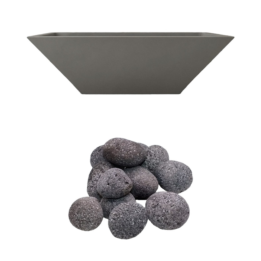 Dark gray concrete fire bowl with gray lava rock set.