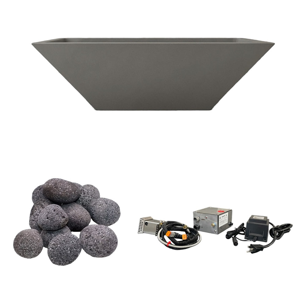 Dark gray concrete fire bowl with gray lava rocks and burner ignition kit.