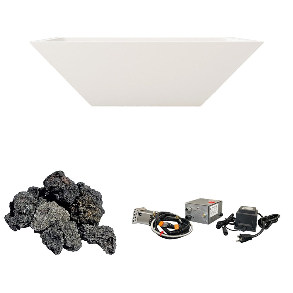 White concrete fire bowl with black lava rocks and ignition system components.