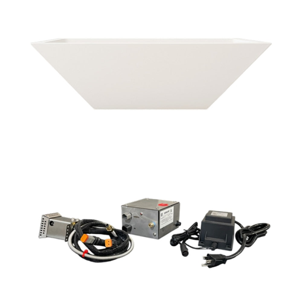 White concrete fire bowl with burner unit, control module, and cables.