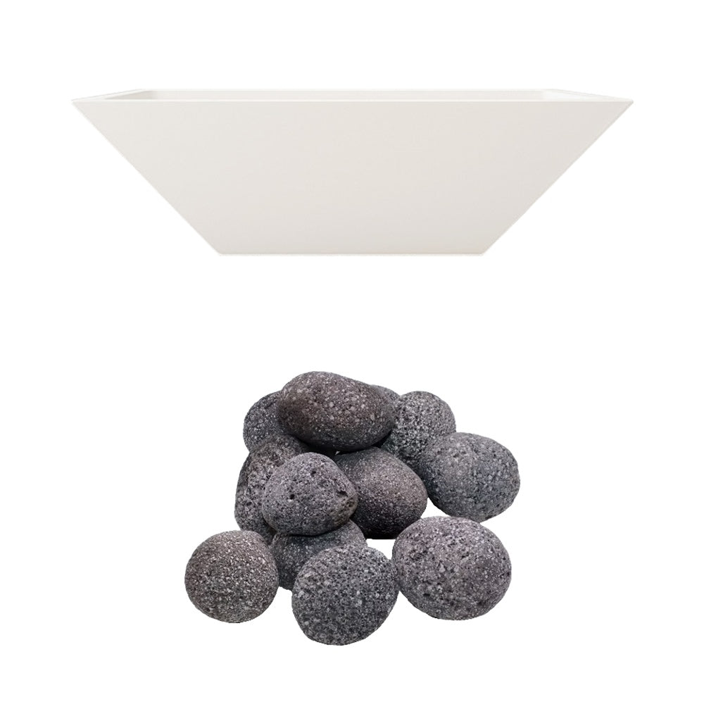 White concrete fire bowl with gray lava rocks.