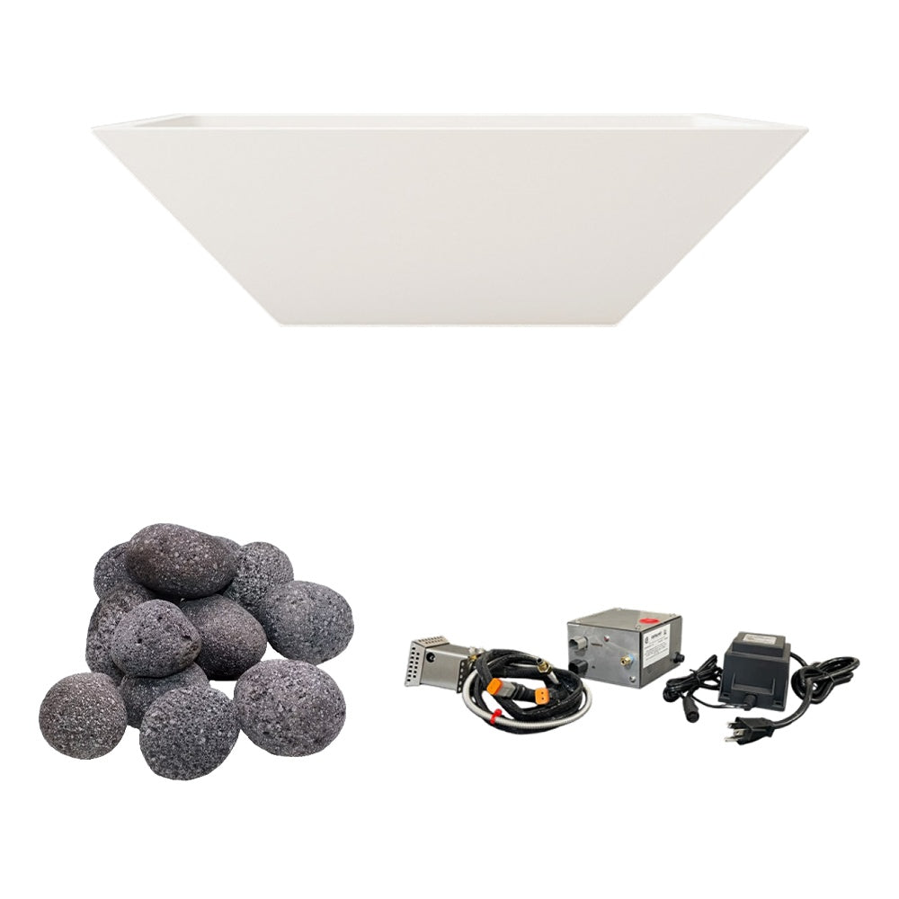 White concrete gas fire bowl with gray lava rocks plus control box and wiring