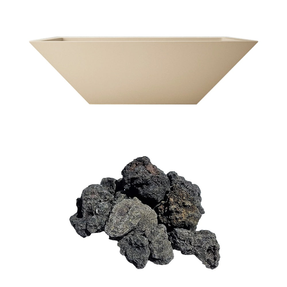Tan concrete gas fire bowl with dark lava rocks