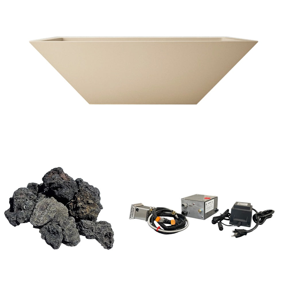 Tan concrete gas fire bowl with dark lava rocks and control wiring set