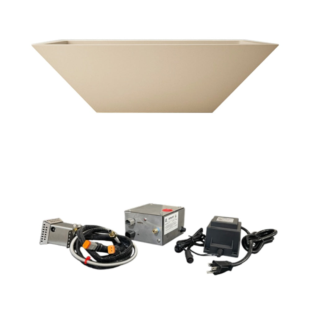 Tan concrete gas fire bowl with electronic ignition module, power cord, and cables