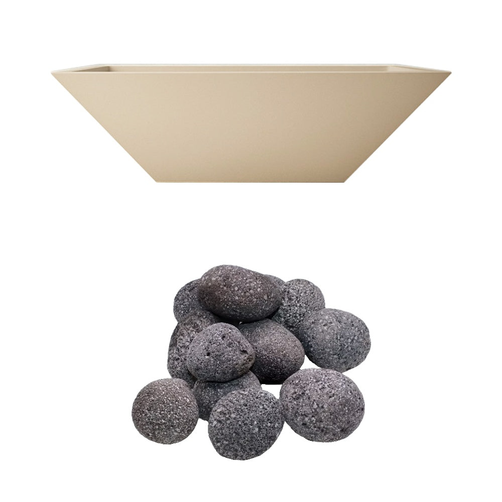 Tan concrete gas fire bowl with gray-black lava rocks